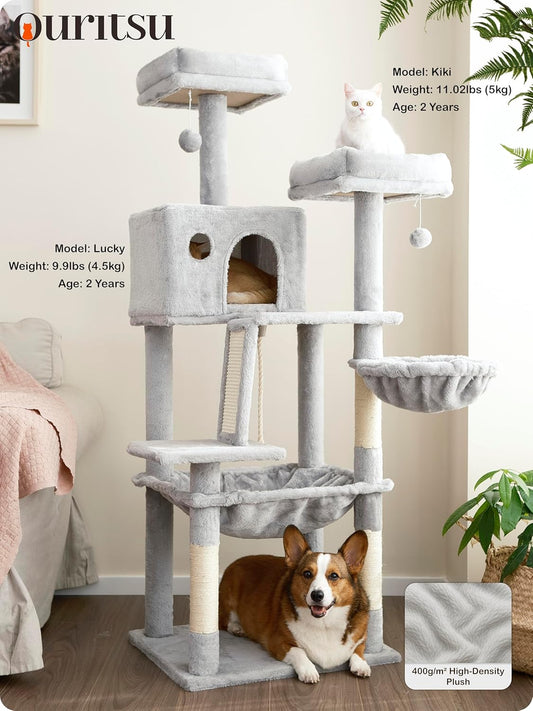 Ouritsu Cat Tree, 56 inch Tall Cat Tower for Large Cat Indoor, Large Condo, 2 Padded Perches, Steel-Framed Hammock, Scratching Post and ramp, Fluffy Basket, Light Gray, LF001GA
