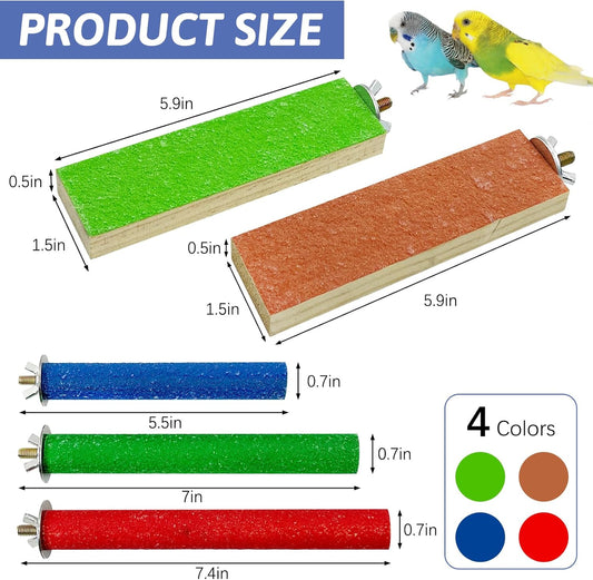 Hamiledyi 5 PCS Bird Perch Stand - Wooden Parrot Perch Stand with Colorful Sand Paw Grinding Stick Trim Beak Wood Platform for Bird Nail Trimming - Cage Accessories for Parakeets & Cockatiel