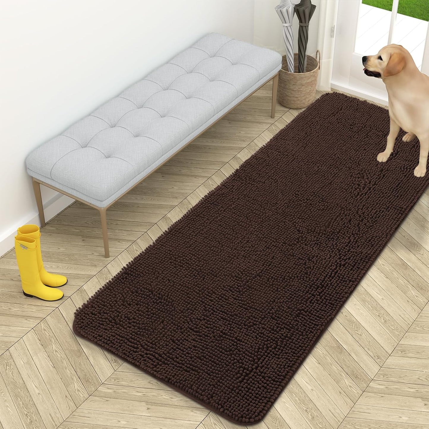OLANLY Dog Door Mat for Muddy Paws 59x24, Absorbs Moisture and Dirt, Absorbent Non-Slip Washable Doormat, Quick Dry Chenille Mud Mat for Dogs, Entry Indoor Entryway Carpet for Inside Floor, Brown
