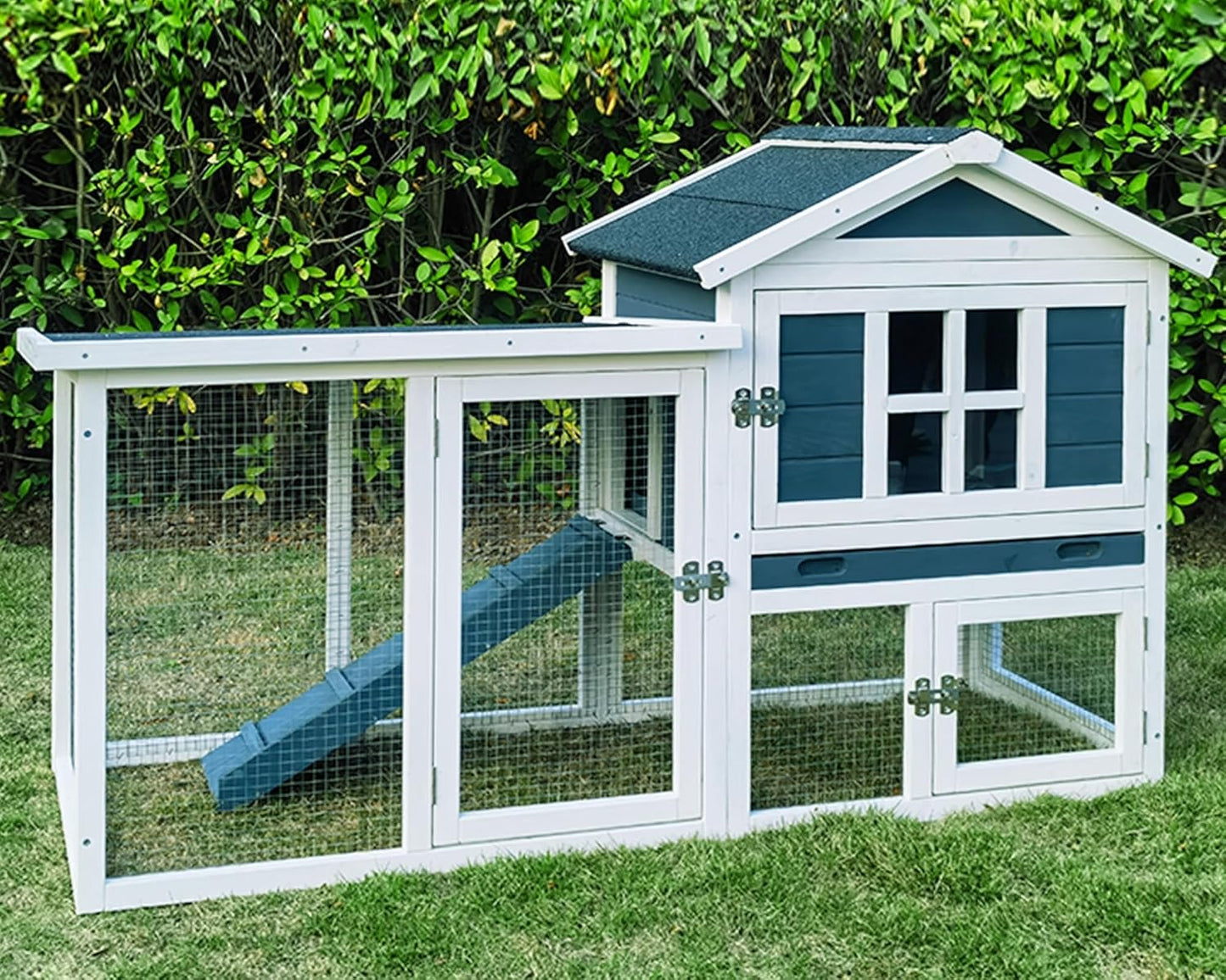 Large Outdoor Rabbit Hutch Weatherproof 2-Story Chicken Coop & Bunny Cage, Wooden Indoor/Outdoor Pet House with No-Leak Tray, Waterproof Roof & Pull-Out Tray (56.8" L x 34.7" H, Grey Blue&White)