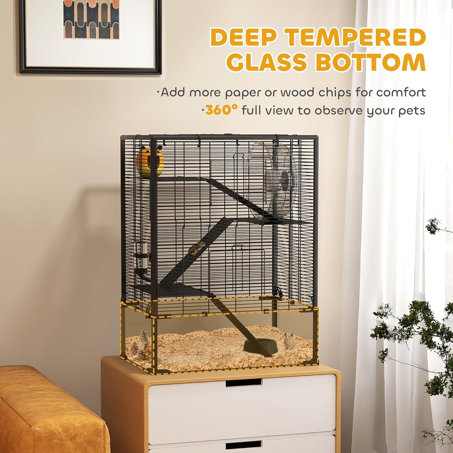 PawHut Large Hamster Cage with Deep Tempered Glass Bottom, 4 Tiers Hamster Tank with Running Wheel, Hut, Water Bottle, Dish, Rat Cage for Syrian, Dwarf, Gerbils, Mouse, 24" x 16" x 31.5", Black