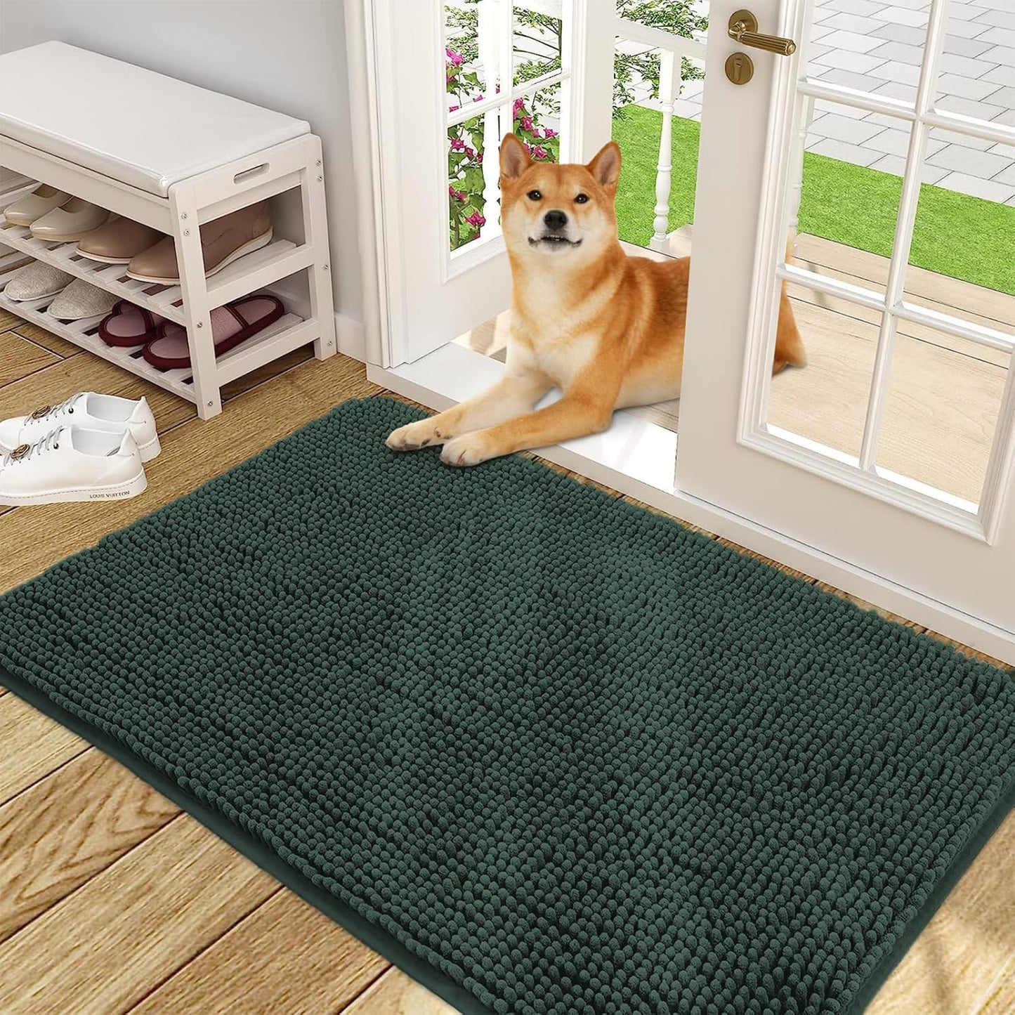 OLANLY Dog Door Mat for Muddy Paws 48x30, Absorbs Moisture and Dirt, Absorbent Non-Slip Washable Doormat, Quick Dry Chenille Mud Mat, Entry Indoor Entryway Carpet for Inside Floor, Blackish Green