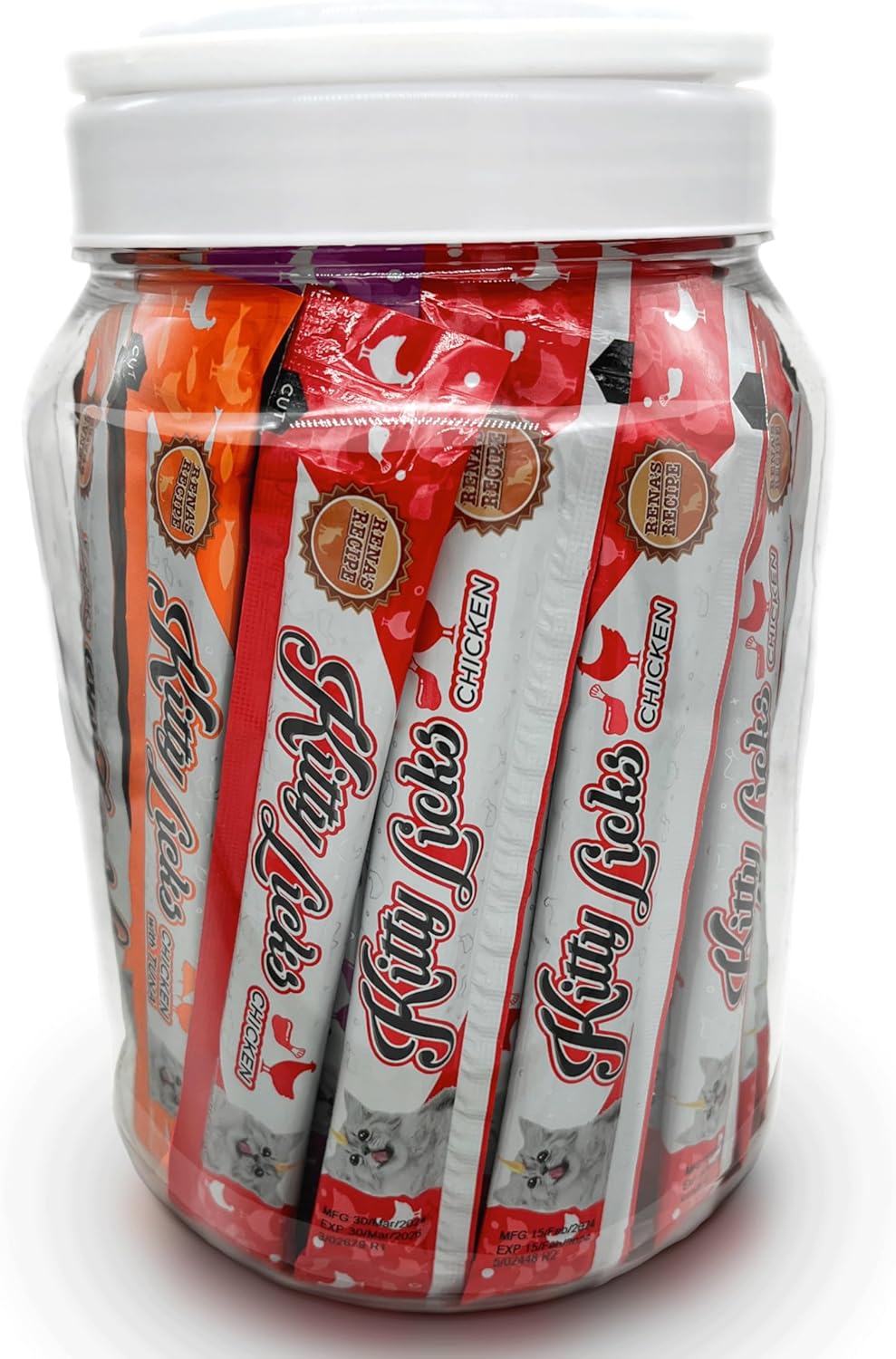 Rena's Recipe Kitty Licks Chicken Barrel (60 Tubes) 3 flavorsX 20 Tubes Cream Lickable Cat Treats 3 Different Flavors: Chicken, Chicken with Tuna, and Chicken with Liver