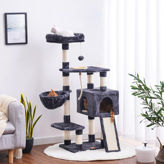 Heybly Cat Tree, Cat Tower for Indoor Cats with Scratching Board, Multi-Level Cat Furniture Condo with Feeding Bowl, Smoky Gray HCT010G