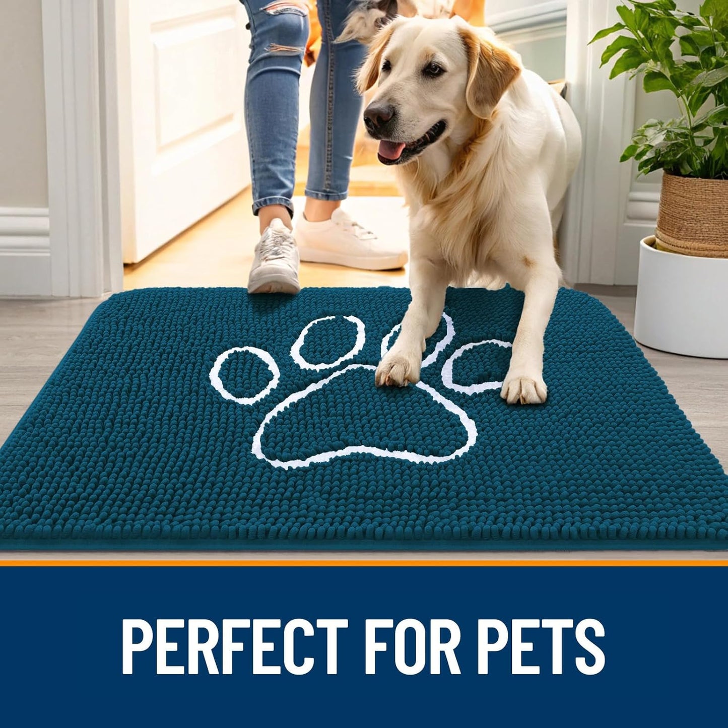 OLANLY Door Mat for Muddy Dog Paws 40x32, Absorbent Chenille Mud Doormat with Paw Print Design, Non-Slip Washable Doormat for Indoor Entryway, Quick-Dry Pet Bed Mats for Dirty Dogs, Atlantic Blue
