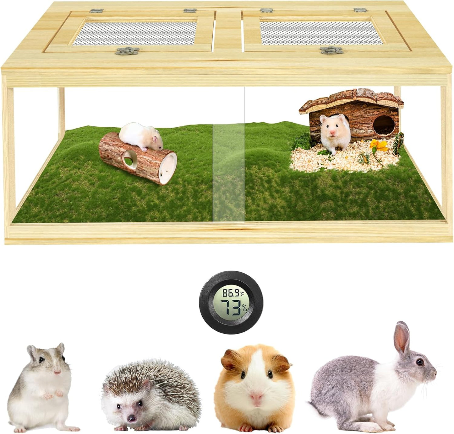 32" Hamster Habitat Enclosure, Lockable Sliding Door Gerbil Cage, Dwarf Hamster Cage with Metal Mesh Roof, Chewproof Syrian Hamster Cage for Mice, Small Animal, (Wooden, 32" L x 16" W x 16" H)
