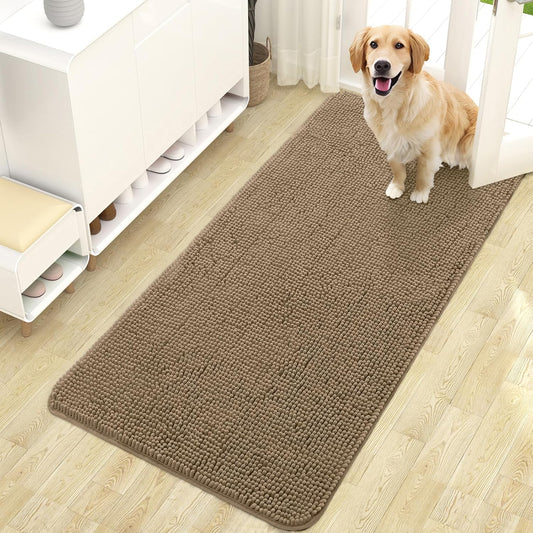 OLANLY Dog Door Mat for Muddy Paws 47x24, Absorbs Moisture and Dirt, Absorbent Non-Slip Washable Doormat, Quick Dry Chenille Mud Mat for Dogs, Entry Indoor Entryway Carpet for Inside Floor, Tan