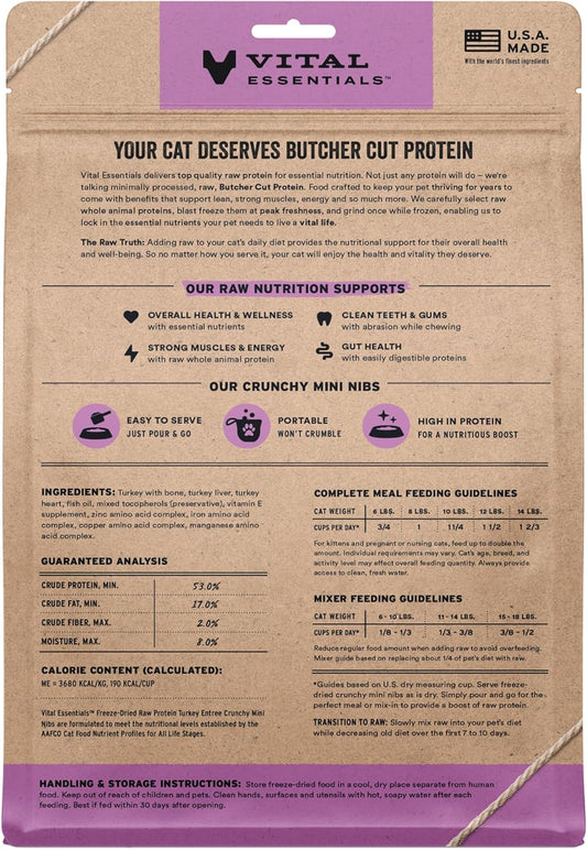 Vital Essentials Freeze-Dried Raw Turkey Meal or Mixer Cat Food Crunchy Nibs, 12 oz