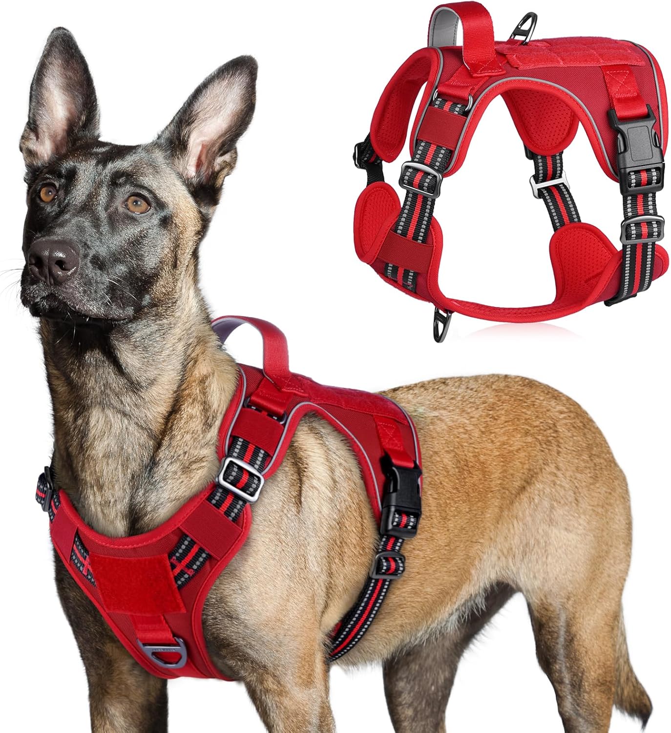 rabbitgoo Tactical Dog Harness for Large Dogs, No Pull Military Service Vest with Handle & Molle, Easy Control for Training Walking, Adjustable Reflective Straps, Red, L