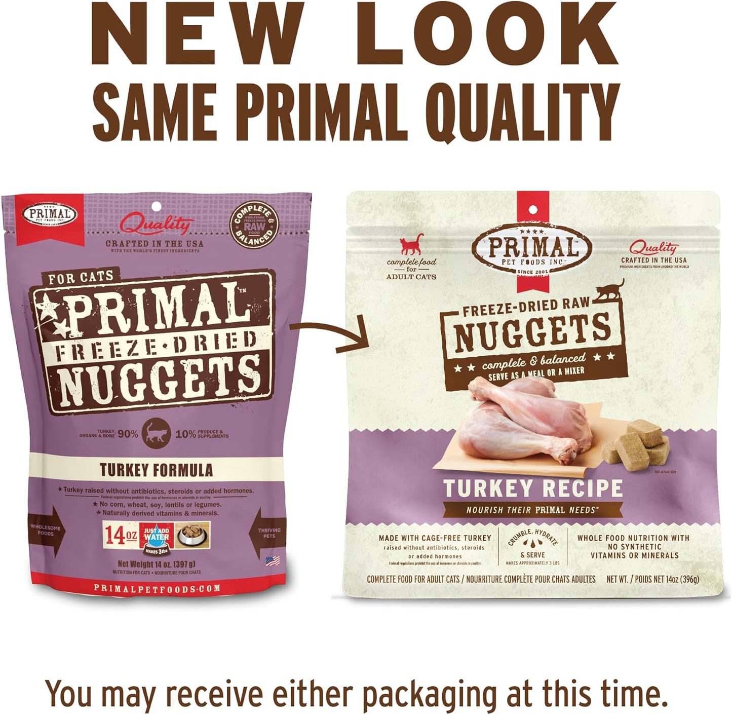 Primal Freeze Dried Raw Cat Food Nuggets Turkey, Complete & Balanced Meal or Topper, Premium, Healthy, Grain Free, High Protein Raw Cat Food with Probiotics (14 oz)