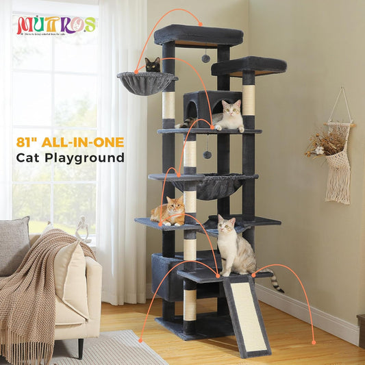 81" Heavy Duty Cat Tree for Large Cats up to 20lbs - Extra Tall Cat Tower with Metal Frame Hammock, 6 Sisal Scratching Posts, 2 Perches - Indoor Cat Furniture for Maine Coon, Dark Gray