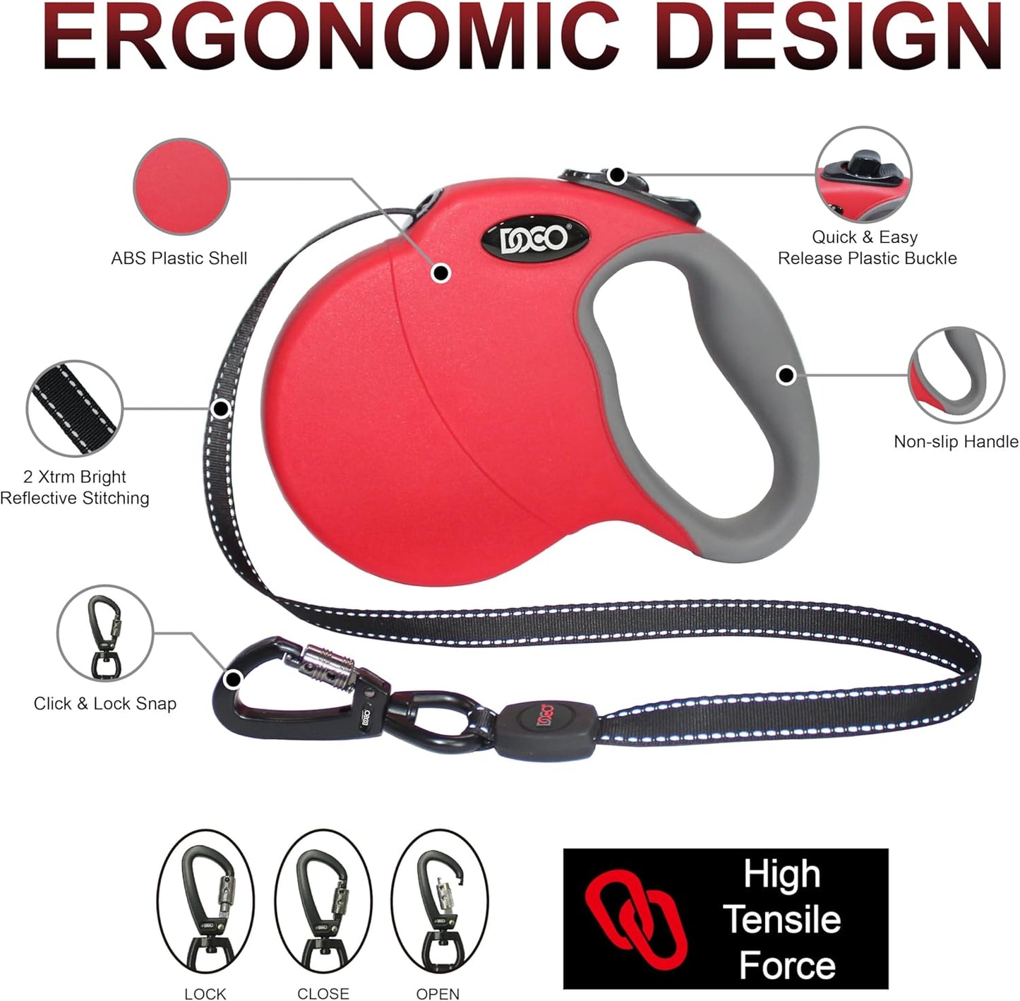 DOCO Retractable Dog Leash for Large Dogs (Length - 16’, Weight - Upto 45lb) Reflective Tape Lead with Stop and Lock Control, Tangle Free 360° Swivel Snap & Anti-Slip Grip (Red, Medium)