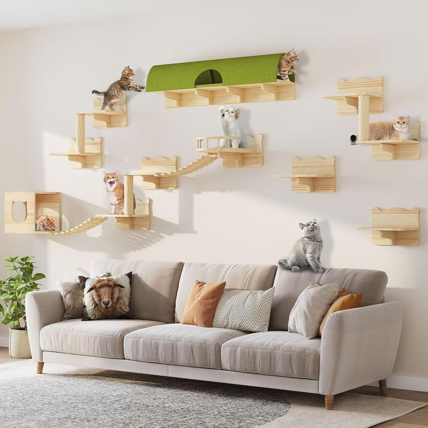 Cat Wall Shelves, Cat Wall Furniture Pine Wooden Feline Shelf, 16 Piece Feline Shelves and Perches with Condos, House, Steps, Bridge Ladder, Scratching Post and Tunnel