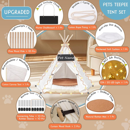 16" Dog& Cat Teepee Tent +20" Pet Cooling Mat +10ft Star String Light [2-Modes],Cotton Thicked Soft Comfort Anti-Slip Cushion (Used/Wash Separately), Small Pets Tents House Indoor or Outdoor