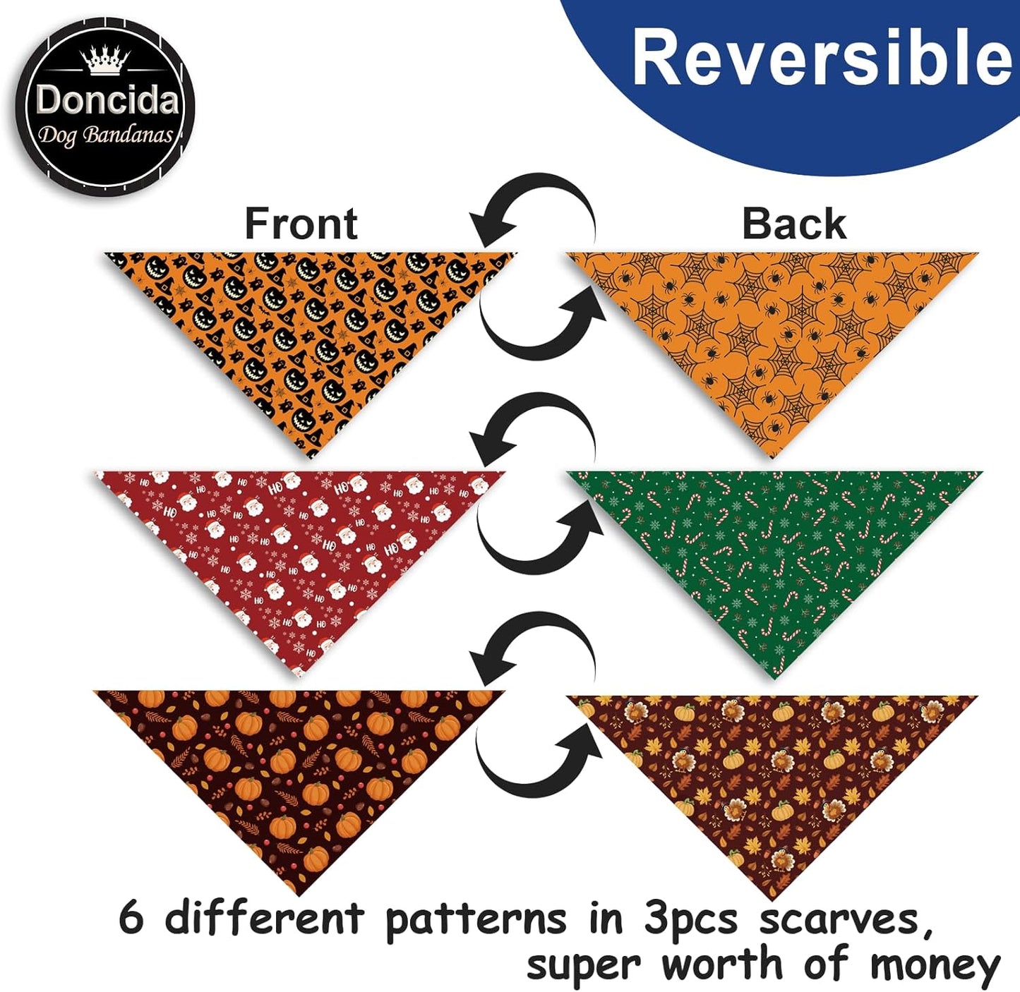 Doncida Halloween Dog Bandana and Thanksgiving Christmas Dog Bandanas 3 Pack, 6 Pattern Reversible Triangle Scarf for Medium and Large Dogs, Premium Durable Fabric Bibs for Pets (Large)