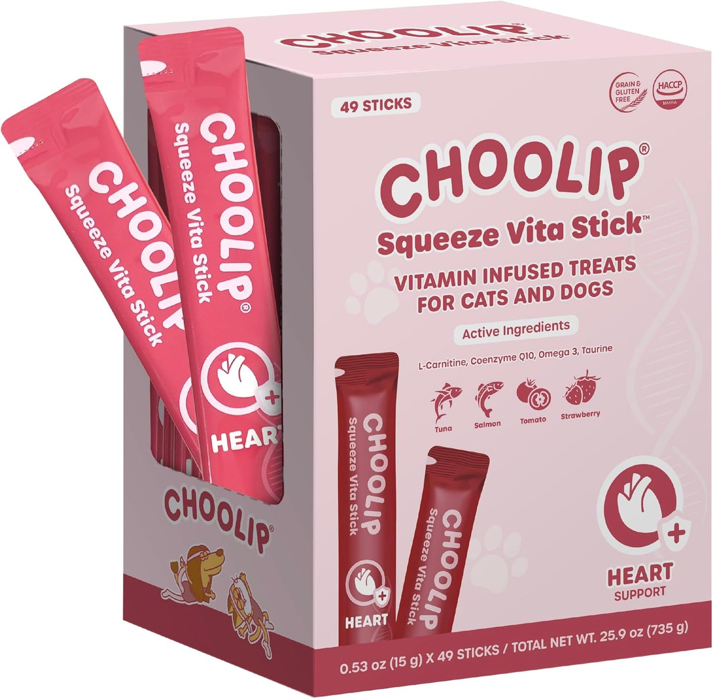 Grab & Go Squeeze Vita Stick Lickable Treats for Dogs & Cats. 49 Heart Support Sticks with Essential multivitamins. Soft and Tasty Paste for All Life Stages, Supporting Heart Health