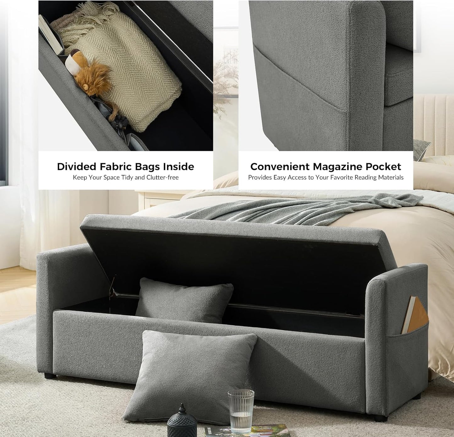 HULALA HOME Modern Storage Ottoman Bench with Throw Pillows, 59" Extra Long End of Bed Bench with Storage Pocket, Comfy Upholstered Footstool for Bedroom Entryway Living Room, Charcoal