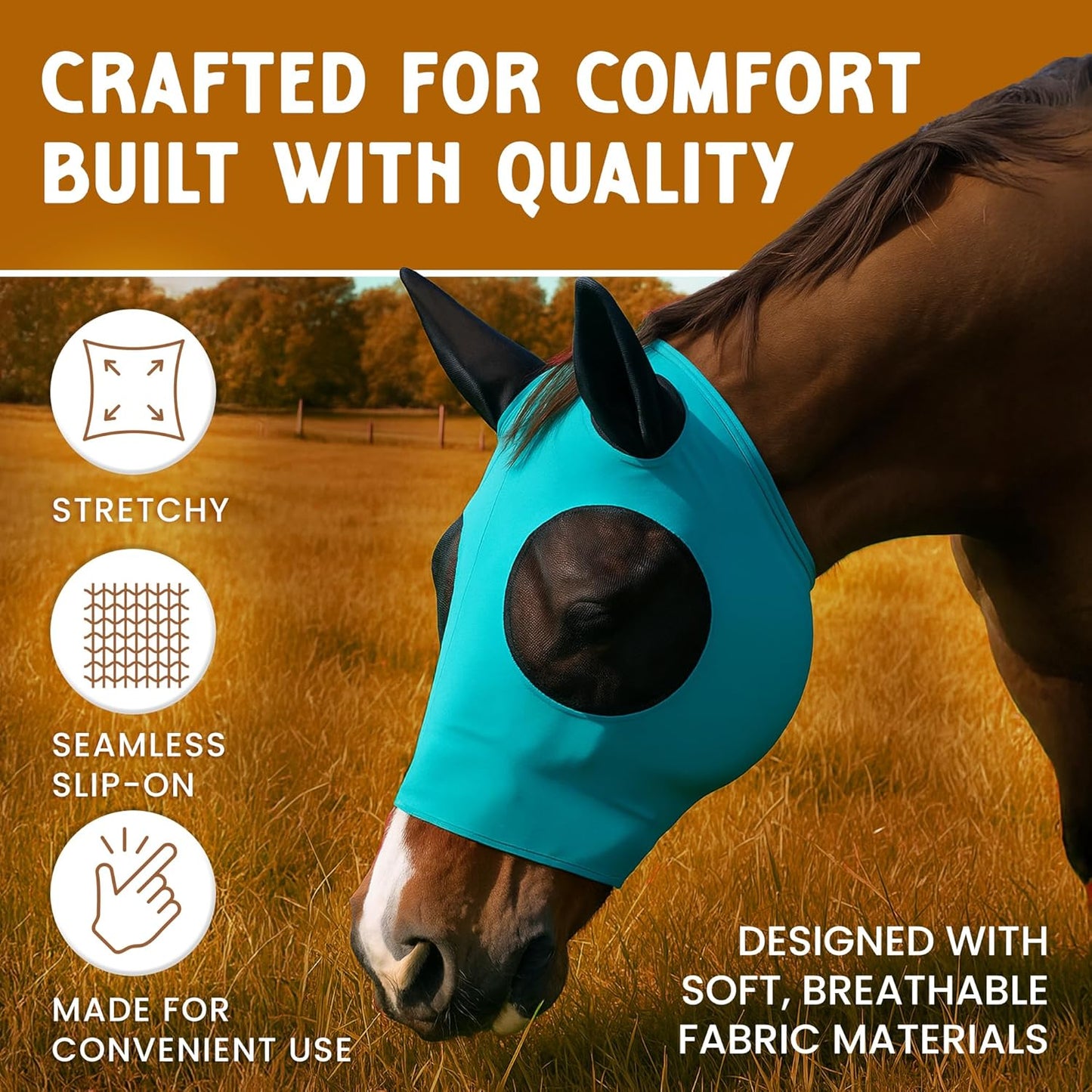 Horse Fly Mask - Arab Equine Fly Mask with Full Coverage for Eye & Ear - Stretchable, UV & Sun Protection Flymask for Horses, Ponies & Mini Horses - Horse Face Cover for Pasture & Trail - Orange