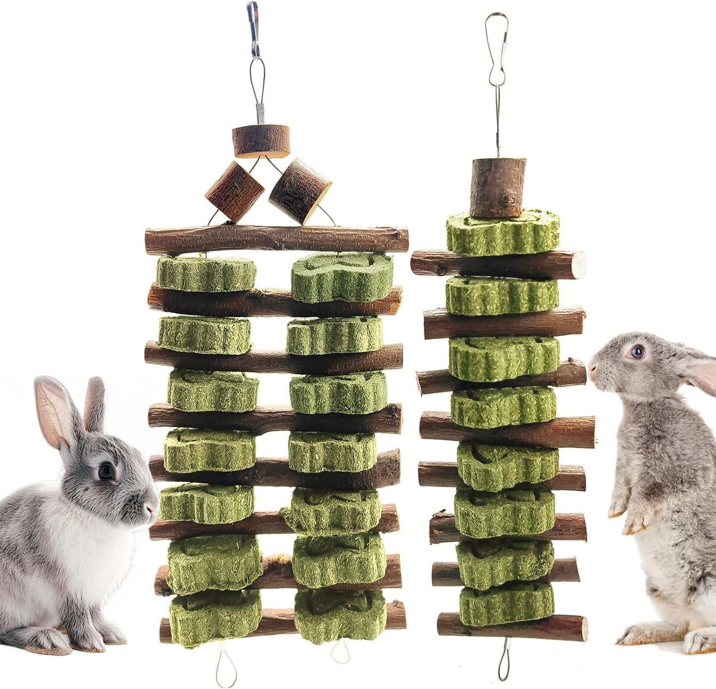 WDEFUN Natural Peach Wood Clover Cake Teeth Grinding Toy String - Rabbit Snack Chewing Toy, Safe and Durable Pet Teeth Grinding Rod, Caring for Dental Health