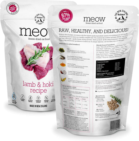 Meow Lamb & Hoki Freeze Dried Raw Cat Food, Mixer, or Topper, or Treat - High Protein, Natural, Limited Ingredient Recipe 9.9 oz