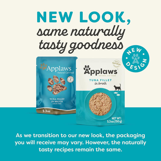 Applaws Natural Wet Cat Food in Broth, Limited Ingredient Wet Cat Food Pouches, No Additives, Made with Natural Ingredients, Tuna Fillet in Broth (12 x 5.3oz Pouches)