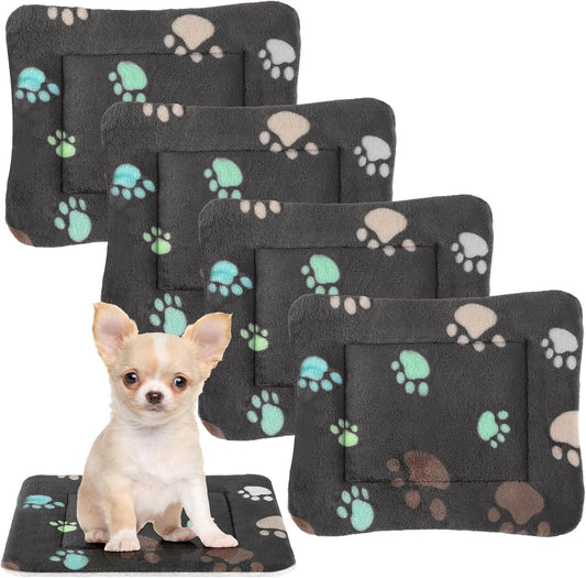 4 Pack Ultra Soft Dog Cat Bed Mat with Cute Prints Reversible Fleece Dog Crate Kennel Pad Cozy Washable Thickened Hamster Guinea Pig Pet Bed Mat for Small Animals(13 x 19 Inches,Black)
