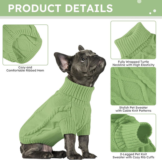 Queenmore Small Dog Pullover Sweater, Cold Weather Cable Knitwear, Classic Turtleneck Thick Warm Clothes for Chihuahua, Bulldog, Dachshund, Pug, Yorkie (Green, Medium)