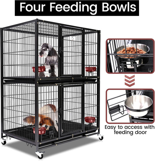 Homey Pet Two Tiers 37 Inch Dog Crate Cage Kennel with Feeding Door and Bowls, Lockable Wheels and Removable Tray, Escape Proof Metal Wire Heavy Duty Dog Crates for Medium/Small Sized Dogs (3 Pack)