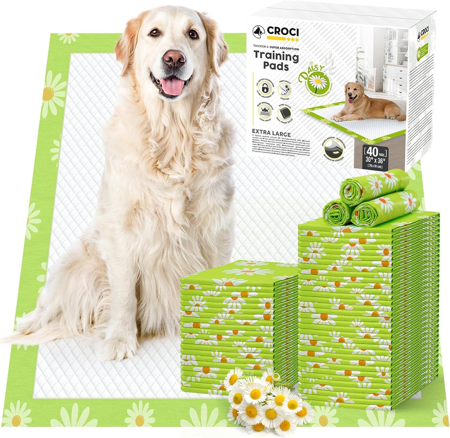 CROCI Pee Pads for Dogs 30x36in Daisy Pattern, Puppy Pads with Adhesive Tabs Super Absorbent Up to 10 Cups, Disposable (40 Counts)