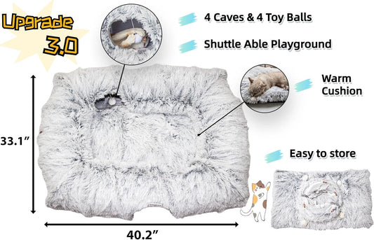 XxingSheep 4 Cave Shuttled XL Cat Tunnel Bed for Indoor Cats Peekaboo Toy Donut with Warm Mat