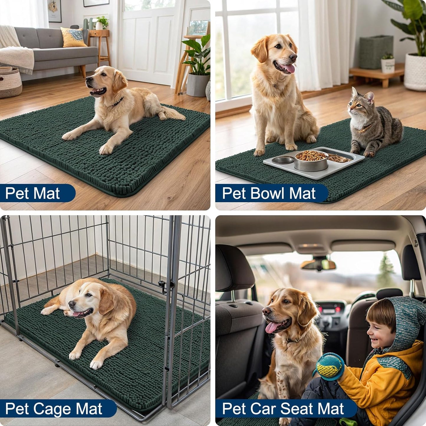 Smiry Dog Door Mat for Muddy Paws 30x20, Absorbs Moisture and Dirt Doormat, Non-Slip Washable Quick Dry Chenille Front Door Mat Indoor Entrance, Entryway Carpet for Inside Floor, Green