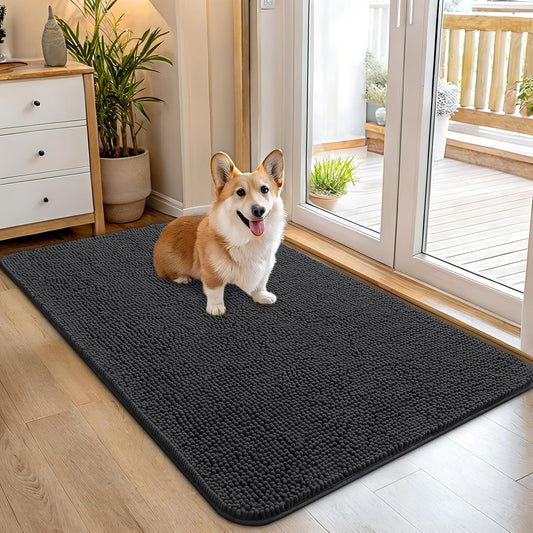 OLANLY Dog Door Mat for Muddy Paws 45x27, Absorbs Moisture and Dirt, Absorbent Non-Slip Washable Doormat, Quick Dry Chenille Mud Mat for Dogs, Entry Indoor Entryway Carpet for Inside Floor, Dark Grey