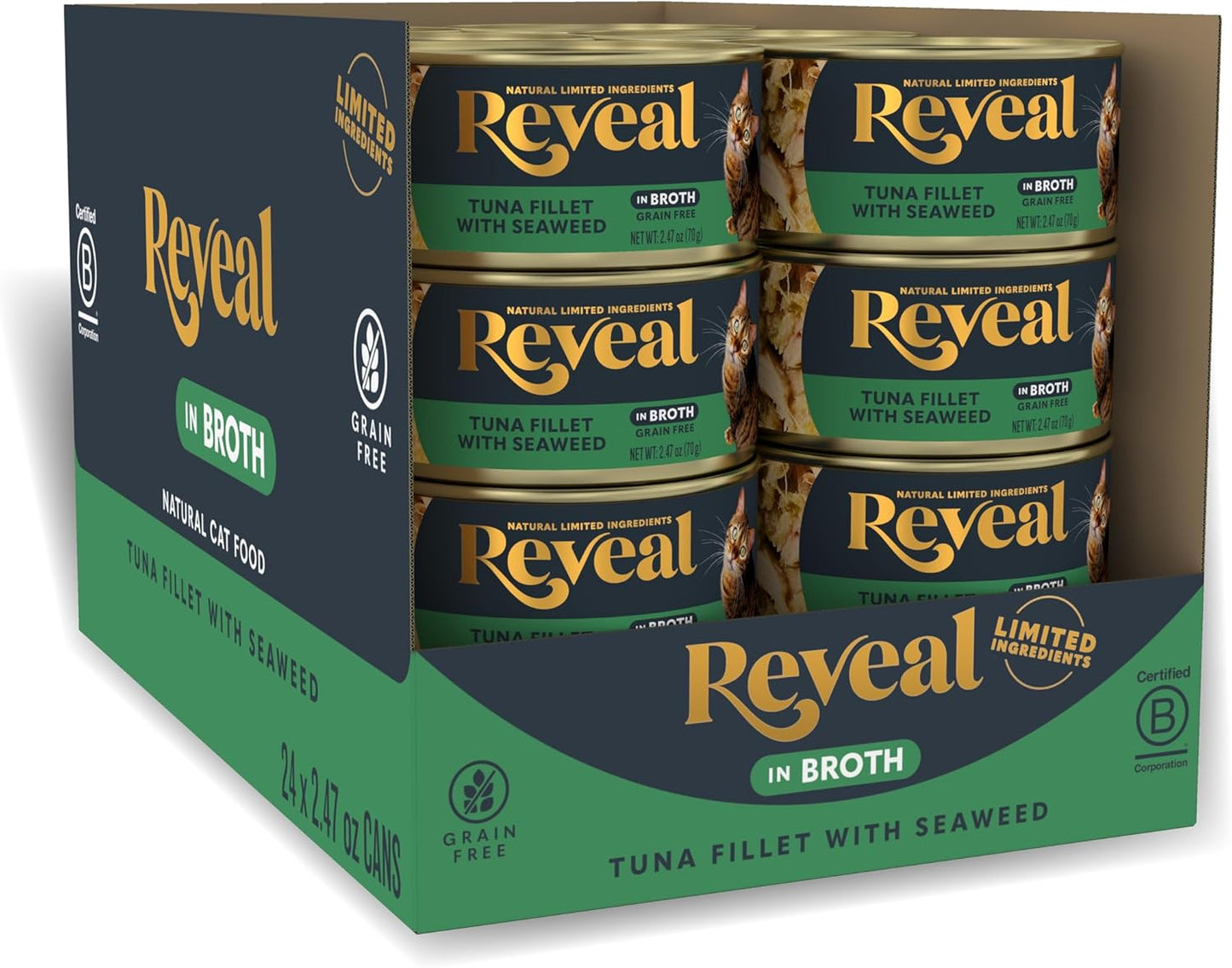 Reveal Natural Wet Cat Food, 24 Count, Grain Free, Limited Ingredient Canned Food for Cats, Tuna with Seaweed in Broth, 2.47 oz Cans
