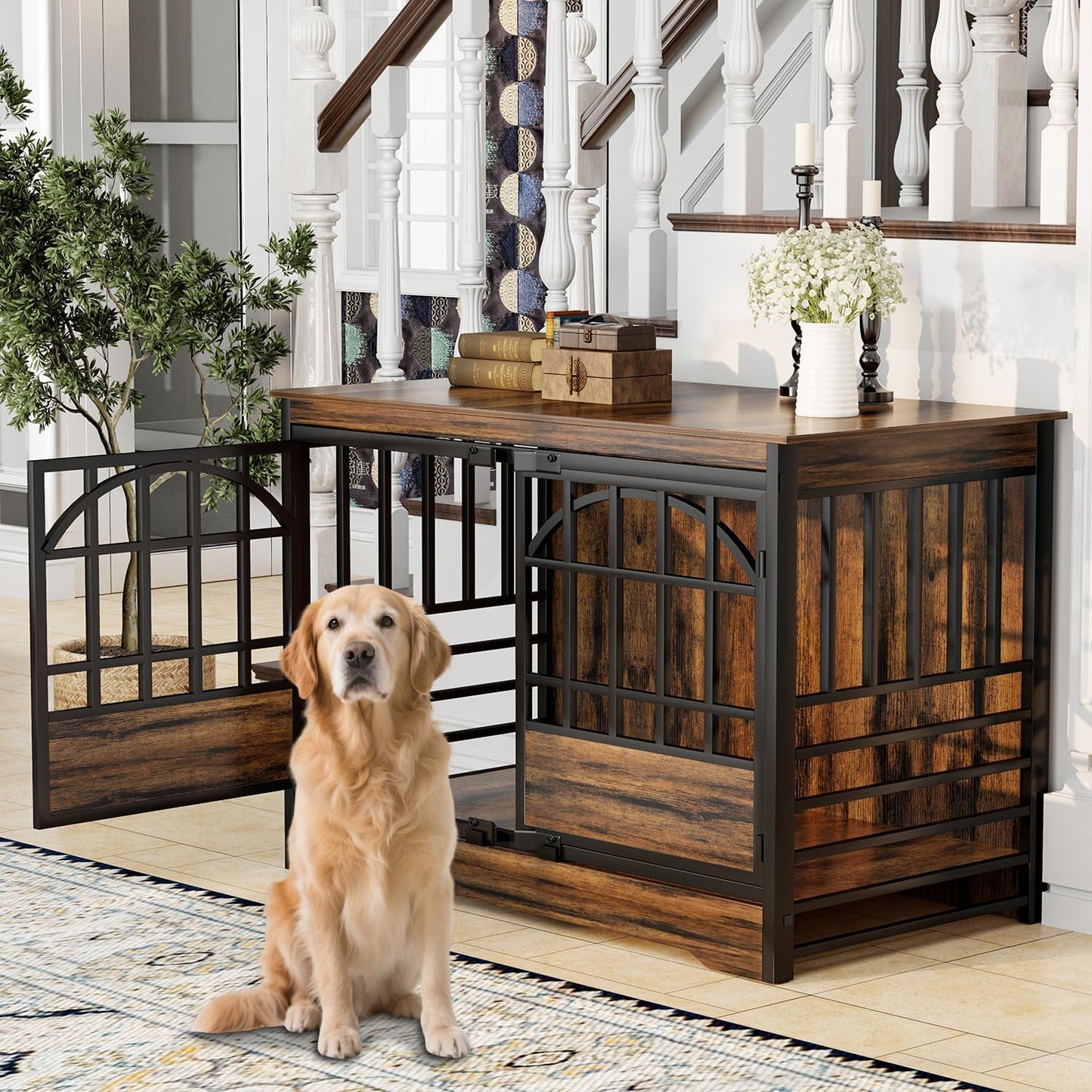 COZPAW 52 Inch Dog Crate Furniture, Extra Large Dog Kennel Indoor for XLarge Breed, Heavy Duty Dog Cage with Double Elegant Arched Doors, Decorate as TV Stand & End Table-Retro Brown