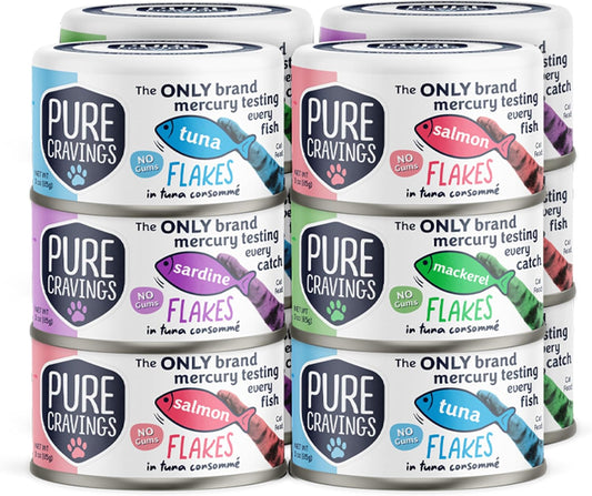 Flakes in Tuna Consommé, Canned Wet Cat Food Soup, 100% Mercury-Tested, Moist Can Fish, Grain-Free Protein, Non-GMO, 3oz, Variety Pack 3X Tuna, 3X Salmon, 3X Sardine, 3X Mackerel