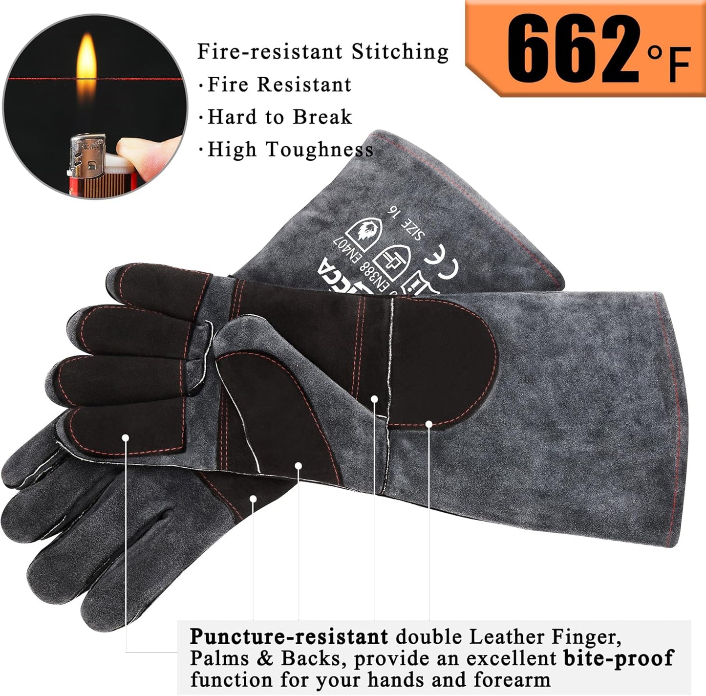 RAPICCA Animal Handling Gloves Bite Proof Double Leather Reinforced Padding Dog,Cat Scratch,Bird Handling Falconry Gloves Grabbing Reptile Squirrel Snake Bite 16in Grey-Black