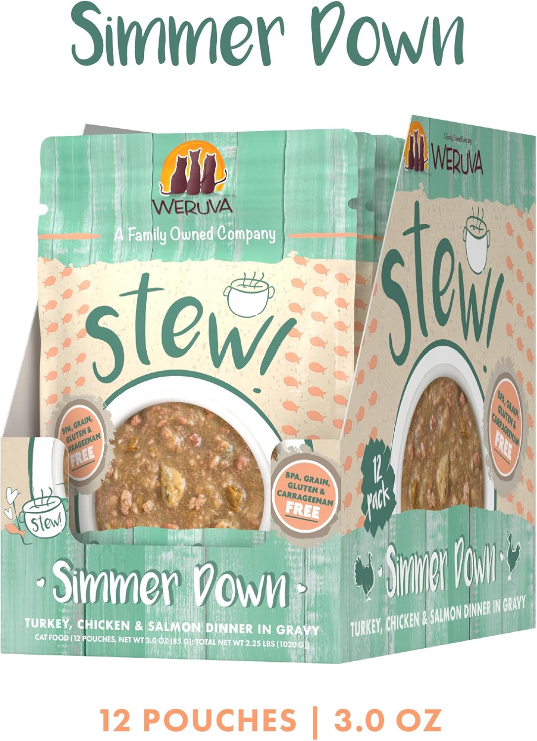 Weruva Classic Cat Stews!, Simmer Down with Turkey, Chicken & Salmon in Gravy, 3oz Pouch (Pack of 12)