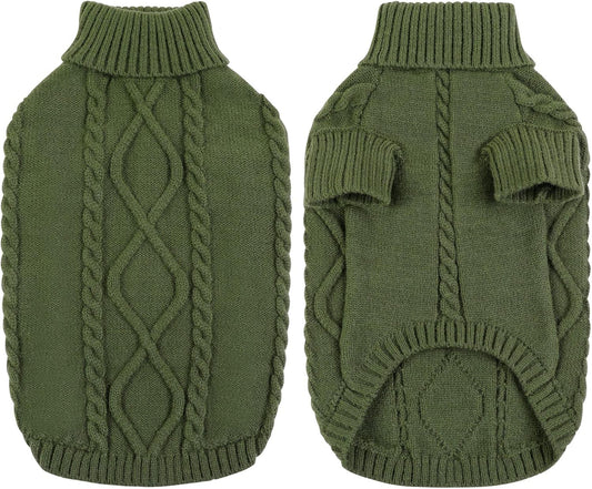 Queenmore Small Dog Pullover Sweater, Cold Weather Cable Knitwear, Classic Turtleneck Thick Warm Clothes for Chihuahua, Bulldog, Dachshund, Pug (Army Green, X-Small)