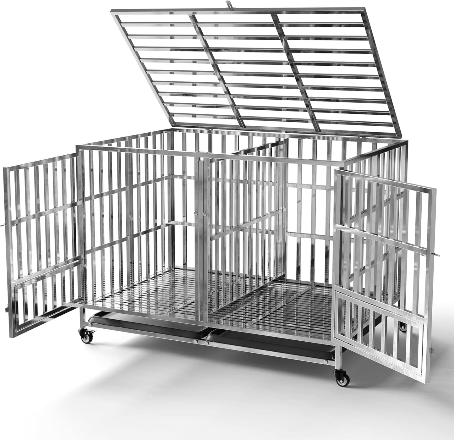 Collapsible Stainless Steel Dog Crate, 30" 37" 42" 48" Sizes, Lockable Wheel, with Tray, Stackable, Heavy Duty, Divider, Indoor and Outdoor (48insm)