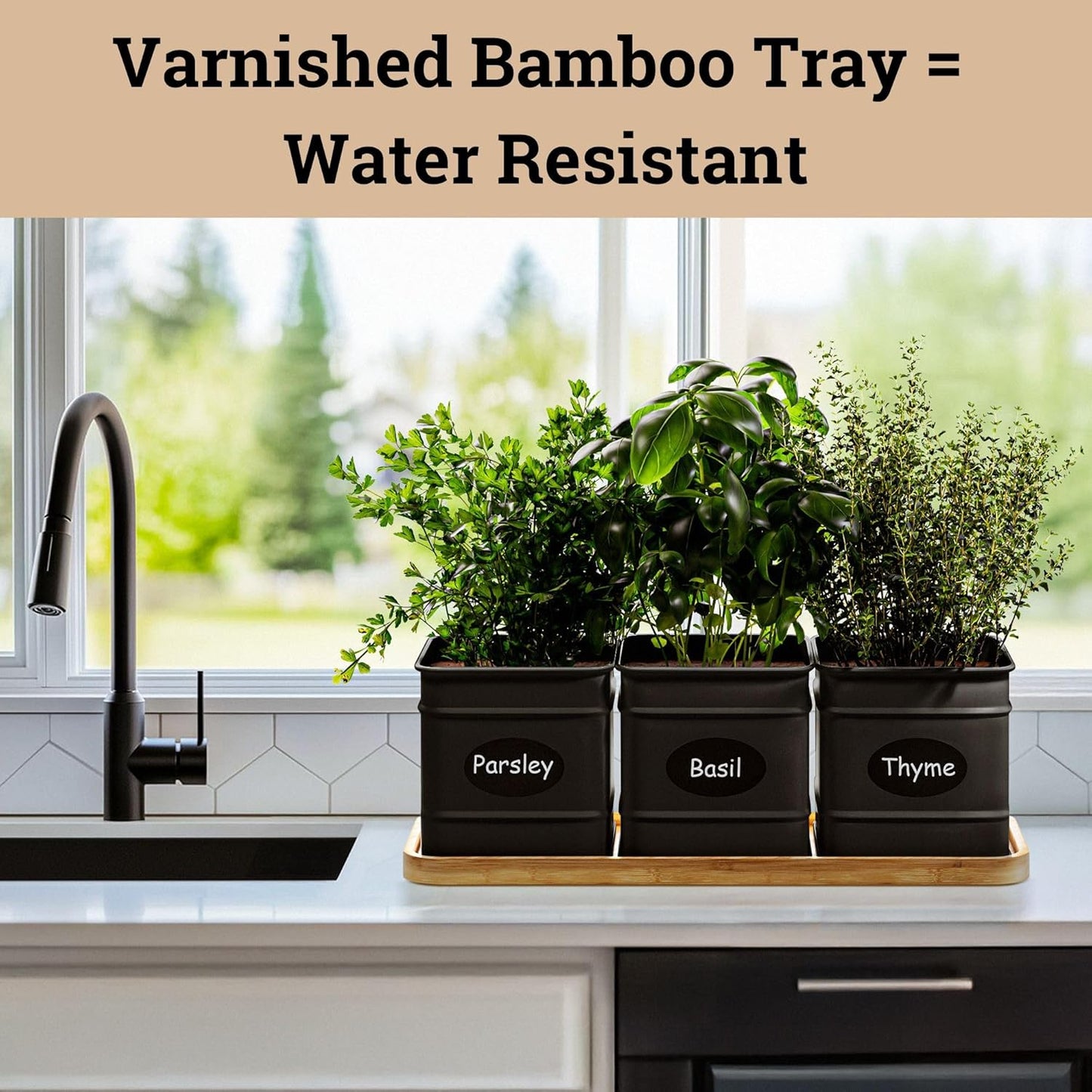 Herb Planter Indoor - 3 Iron Herb Pots with Drainage Holes, Varnished Bamboo Tray, Customizable Labels & Marker Pen - Indoor Herb Garden Planter - 3 Pots for Herbs - Inside Spice Garden - Basil Pot