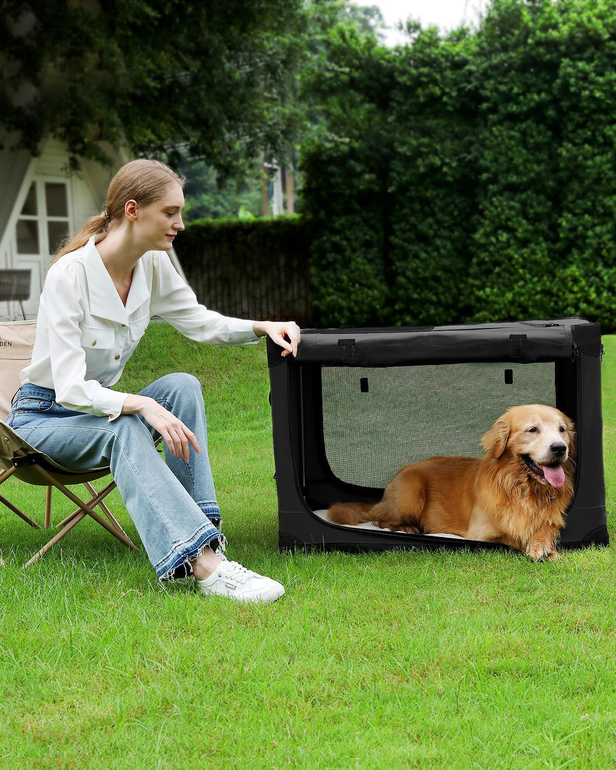 36 Inch Collapsible Travel Dog Crate for Medium Large Dogs, Portable Dog Crate 4-Door Foldable Soft Kennel with Durable Mesh Windows for Indoor & Outdoor Travel, with Storage Bag,Black