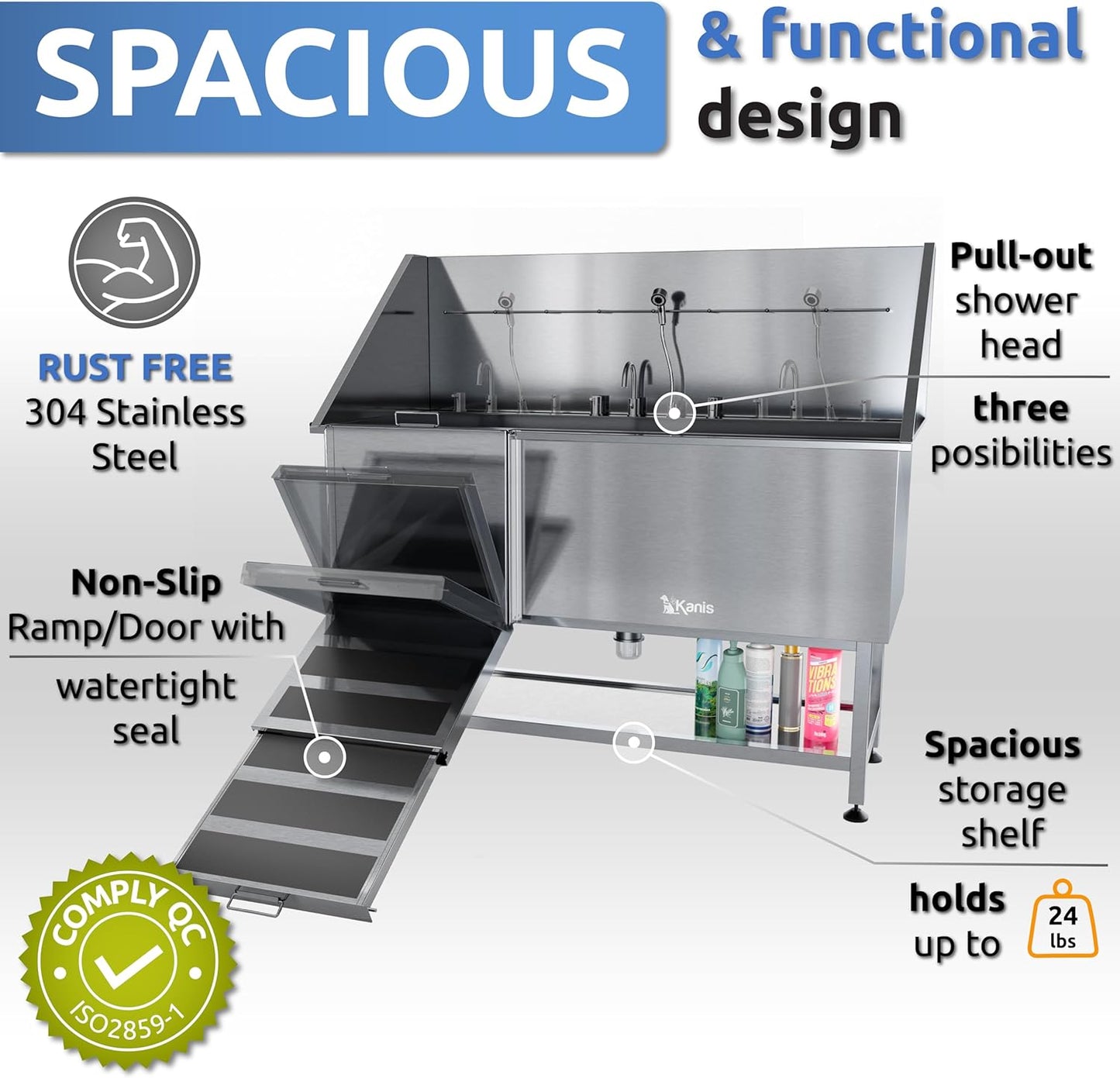 KANIS Professional Dog Washing Station - 304 Stainless Steel Pet Wash Sink & Grooming Bath Tub for Home with Ramp, Shower, Floor Grate, Storage Shelf, Faucet, Drain Kit for Large, Medium & Small Pets