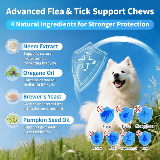 Dog Flea and Tick Support Chewable, Natural Dog Flea Comfort Supplement, Oral Chews with Neem, Oregano Oil, Pumpkin Seed Oil & Brewer's Yeast – 135 Soft Chews, Beef Flavor – for All Breeds & Sizes