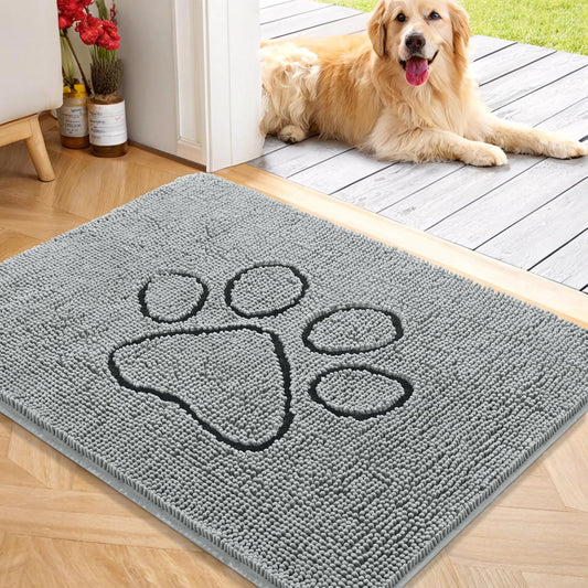 OLANLY Door Mat for Muddy Dog Paws 40x32, Ultra Absorbent Chenille Mud Doormat with Paw Print Design, Non-Slip Washable Doormat for Indoor Entryway, Quick-Dry Pet Bed Mats for Dirty Dogs, Grey