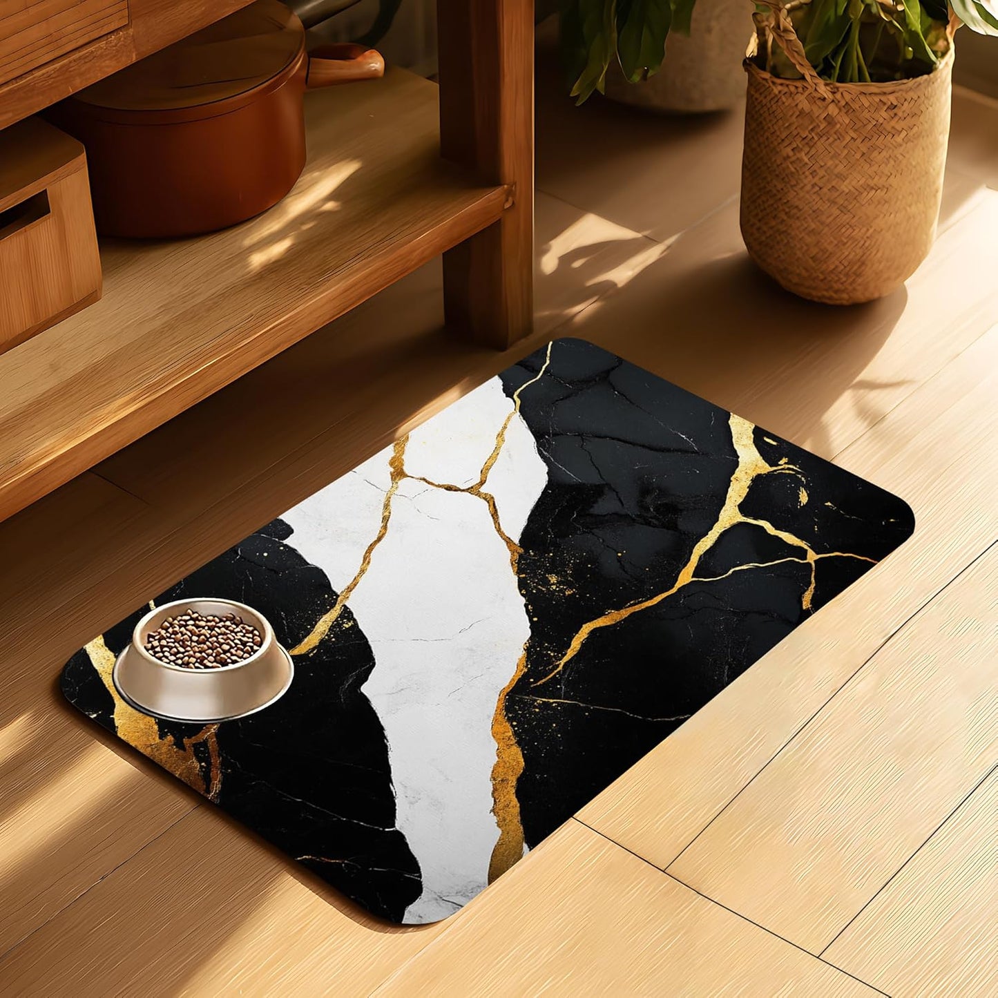 Black Gold Marble Dog Cat Food Mat-Absorbent Placemat for Food and Water Bowl, Waterproof Non Slip Rubber Backing Dog Food Mats for Floors, Pet Supplies 12 * 20 inch