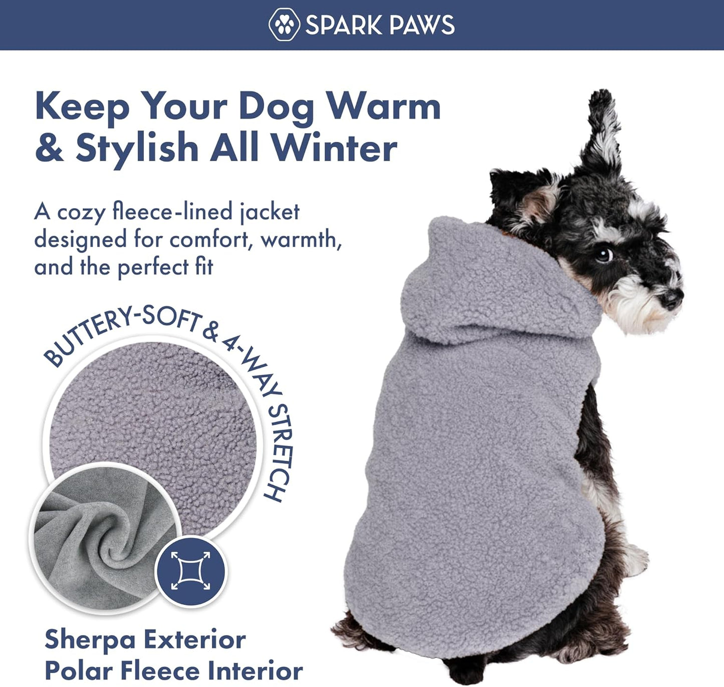 Spark Paws Teddy Dog Sweater, Sherpa Jacket Vest with Warm Fleece Lining, Winter Coat Suitable for Small Medium Large XL XXL Breeds - Grey - XL