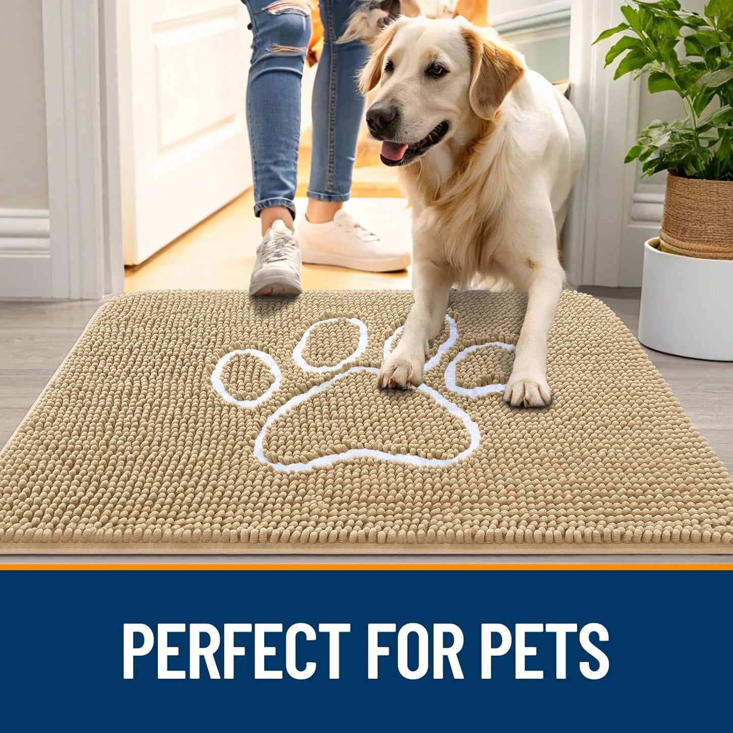 OLANLY Door Mat for Muddy Dog Paws 70x24, Ultra Absorbent Chenille Mud Doormat with Paw Print Design, Non-Slip Washable Doormat for Indoor Entryway, Quick-Dry Pet Bed Mats for Dirty Dogs, Beige