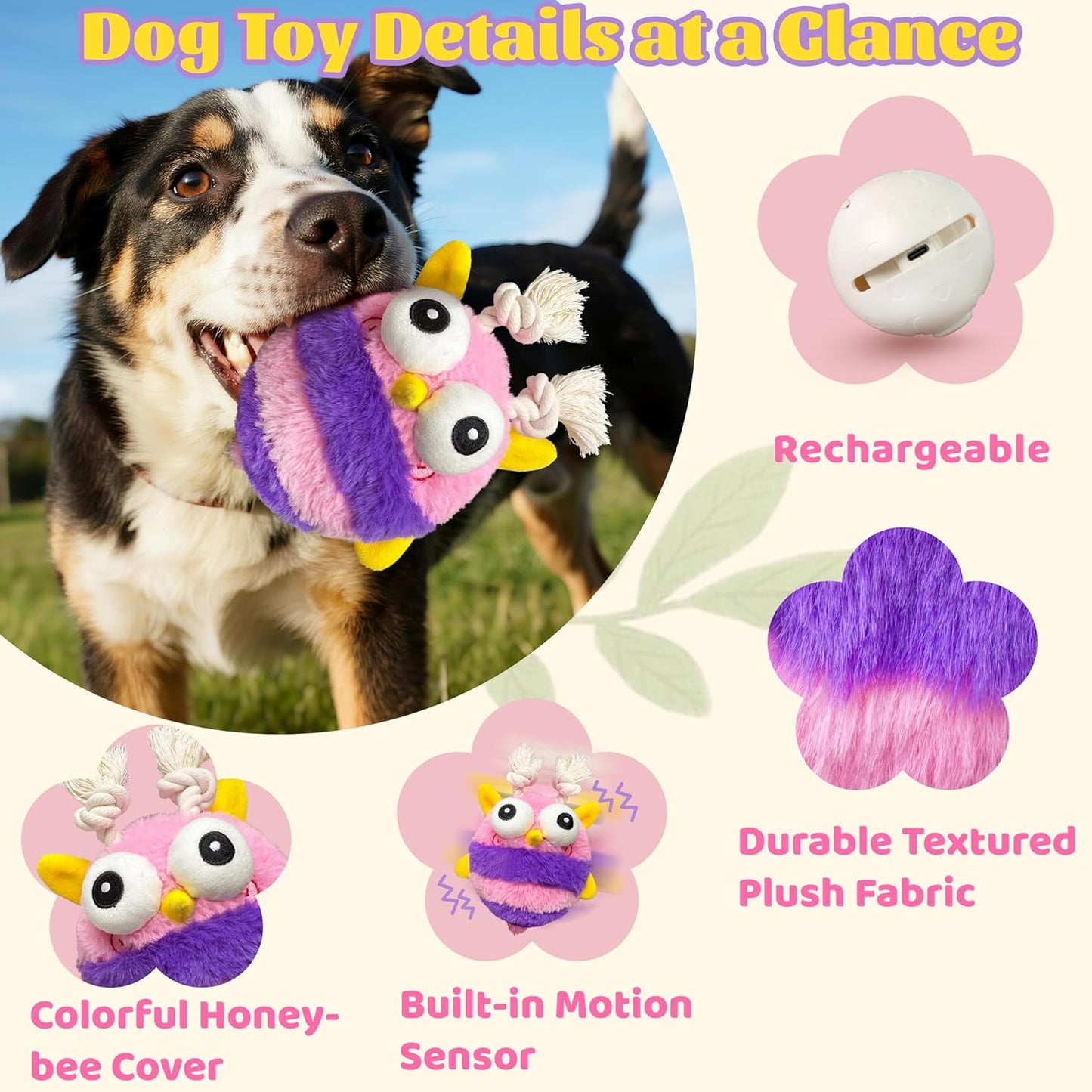 Moving Dog Toys – Rechargeable Interactive Dog Squeaky Toy with Motion-Activated Ball, Music, Recording & Silent Modes – Self-Play Toy for Small, Medium & Large Breeds (Bee)