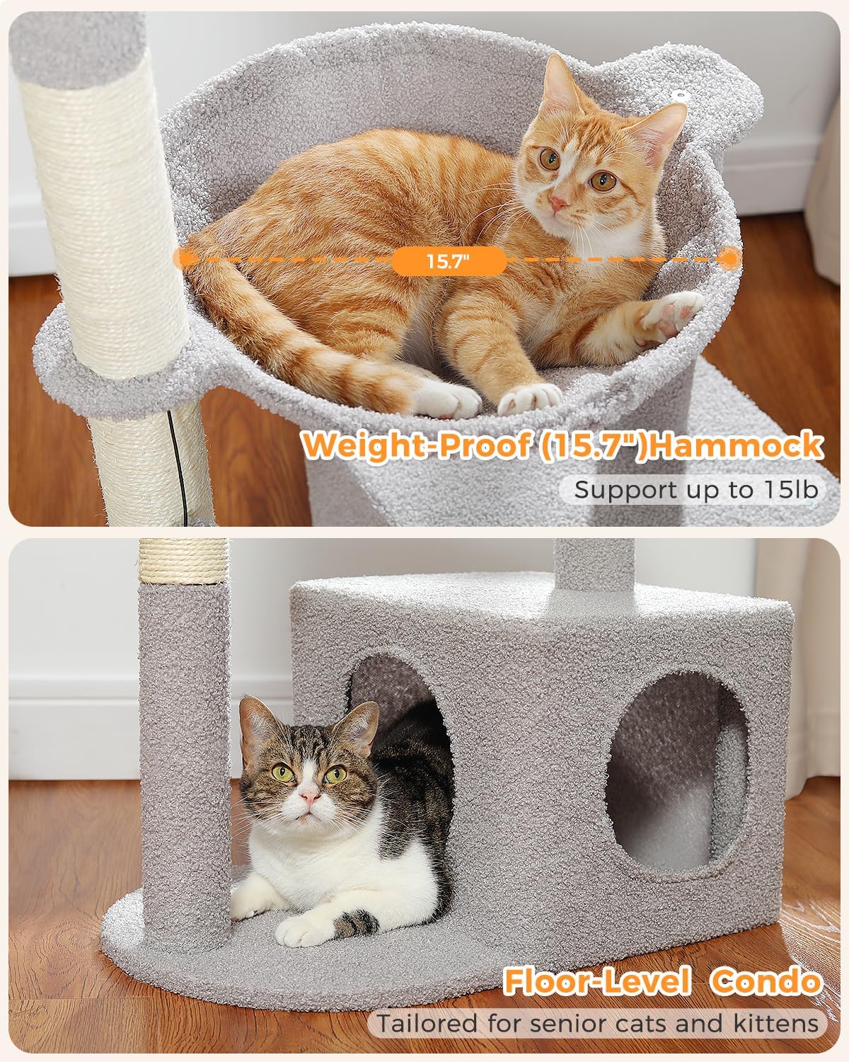 Cactus Cat Tree Cat Scratching Post 40" Cat Tower with Large Metal Carpet Hammock, Cat Scratching Post for Indoor Cats with Condo& Dangling Ball, Grey