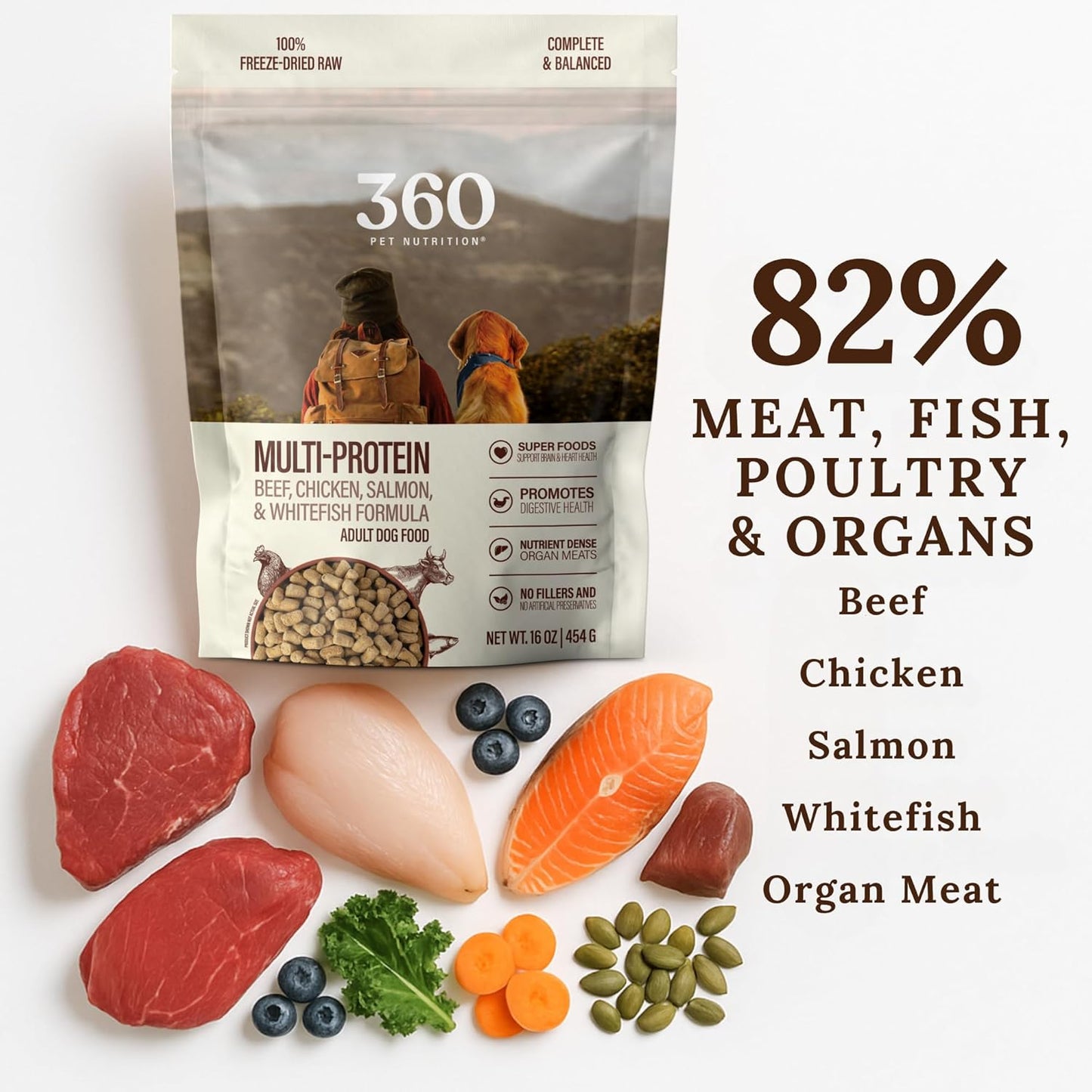 360 Pet Nutrition Freeze-Dried Raw Dog Food – Multi-Protein with Beef, Chicken, Fish, Liver & Organs, High Protein, Omega-3s, Fruits, Veggies & Superfoods, Grain-Free, No Fillers, 3 lb – Made in USA